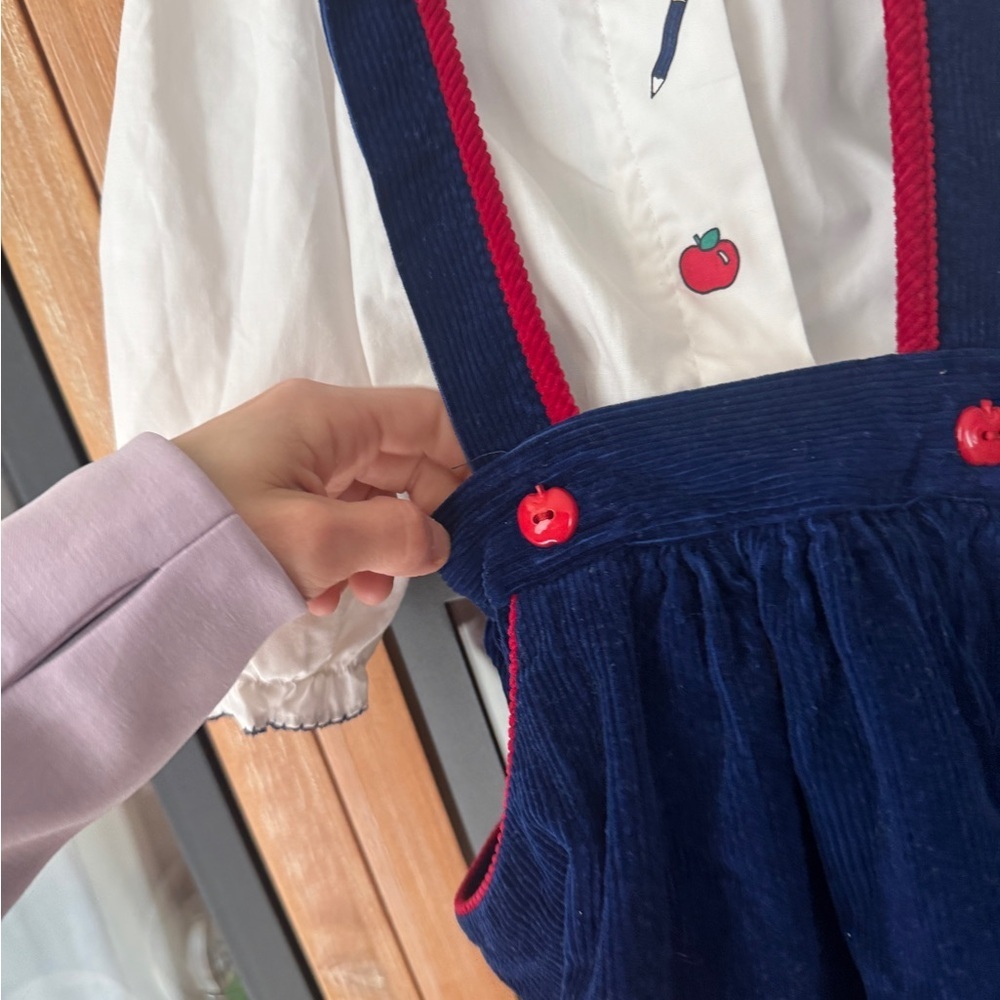 Vintage 1994 apples overalls dress set long sleeve top bow school collar toddler - Picture 8 of 10